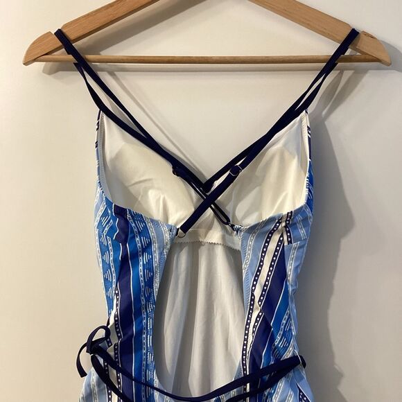 Lemlem Eshal Wrap Effect Stretch Jacquard Swimsuit Blue Striped Swimsuit - Picture 2 of 15